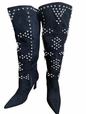 JustFab Studded Black Suede Knee-High Boots